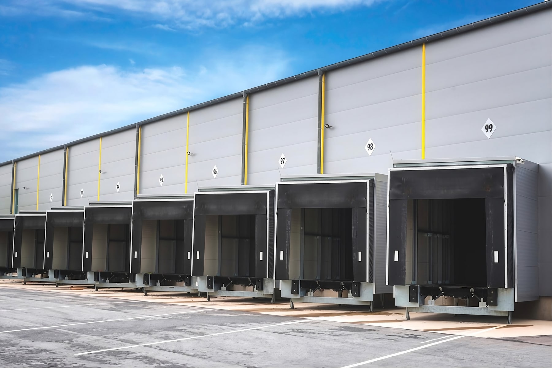 Modern industrial loading docks in active use